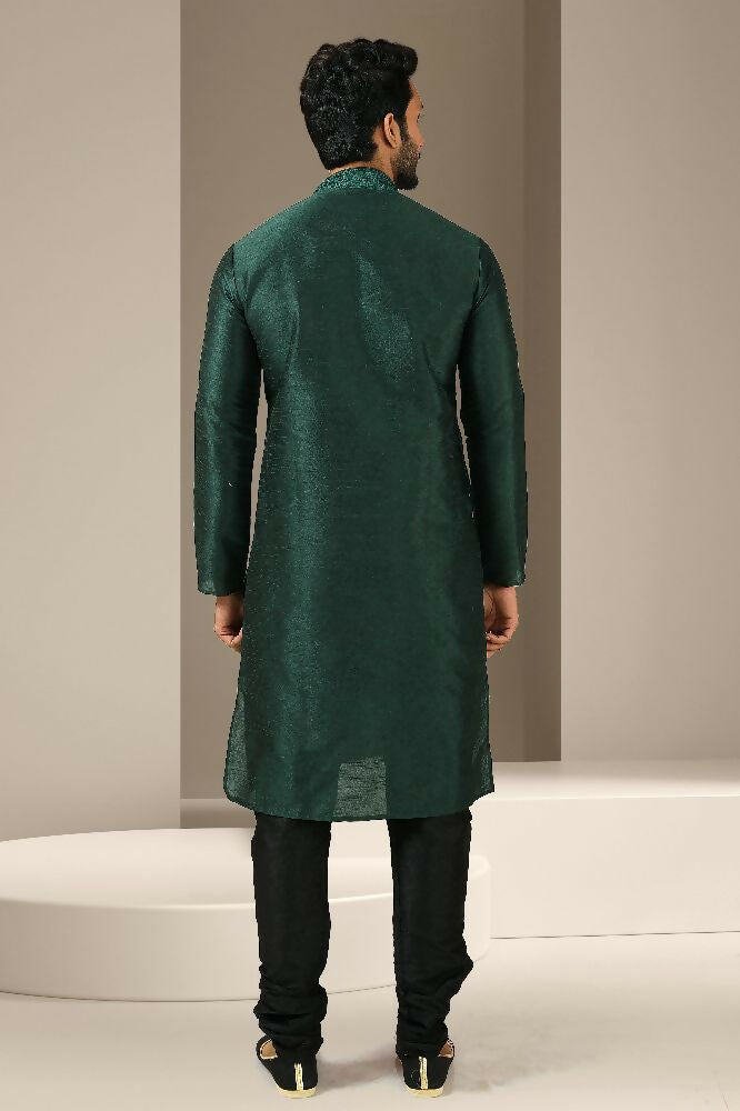 Raivat Ethnic Banarasi Art Silk Mirror Work Kurta Pajama In Dark Green Colour
