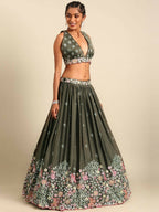 House of Panchhi Olive Chinon Sequins embroidery Lehenga choli & Dupatta