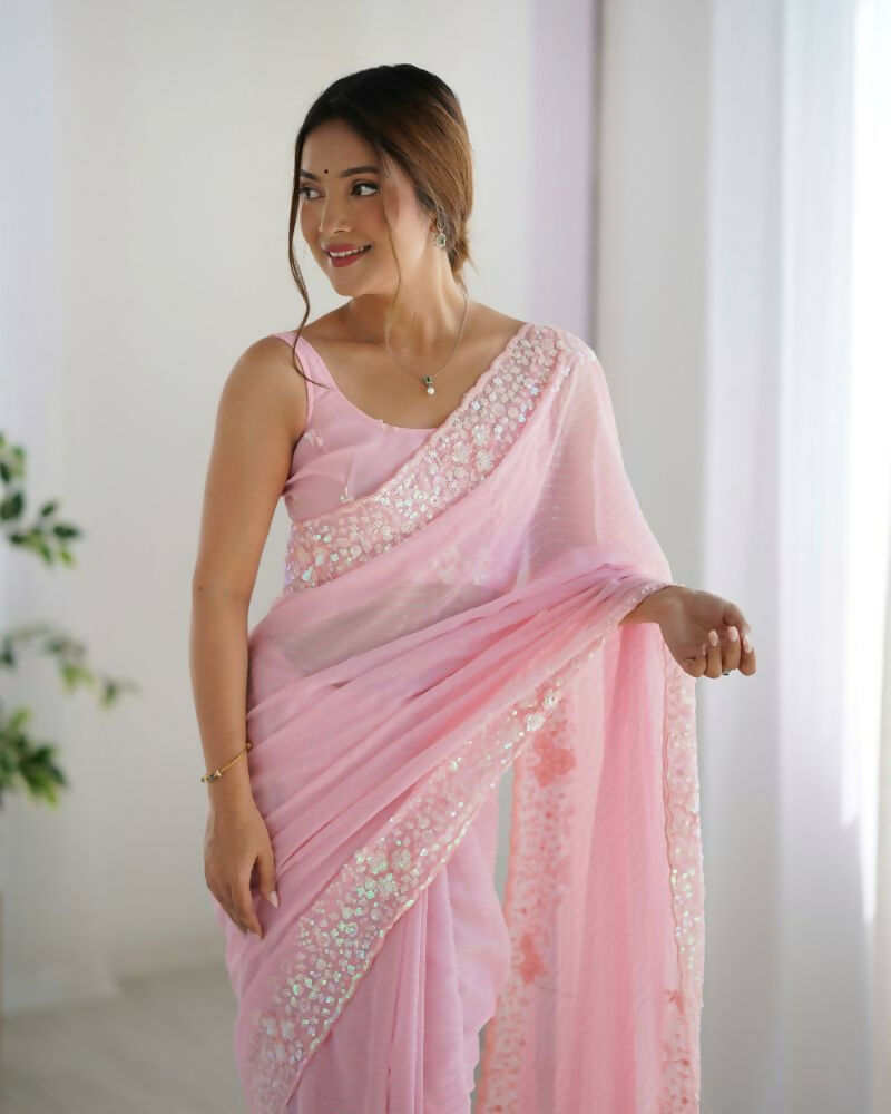 Georgette Designer Sequance Embroidery Work Party Wear Saree - Pink