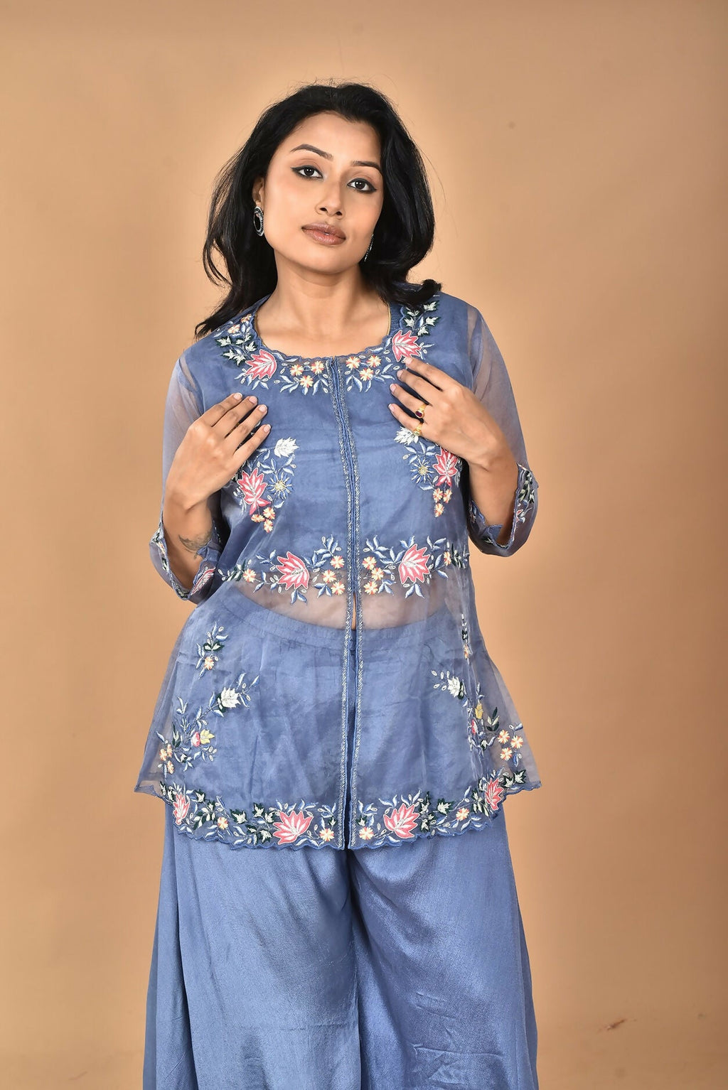 Morchari Women And Hand Embroidery Palazzo Set-Grey