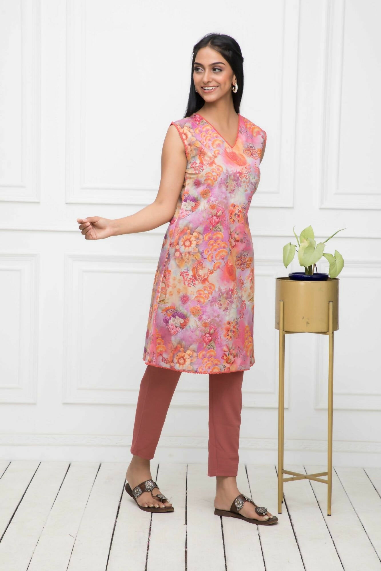 Myshka Women Multi-Floral Rayon A-Line V-Neck Kurtis - Distacart