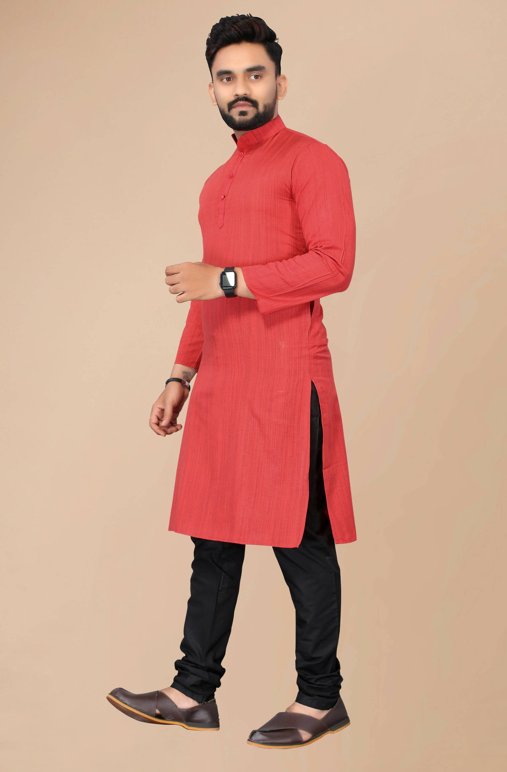 Men's Red Striped Cotton Kurta - Mahotsav