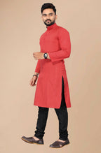 Men's Red Striped Cotton Kurta - Mahotsav
