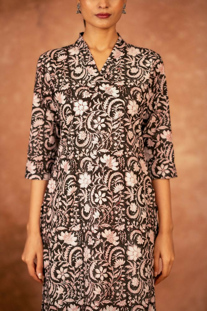 Joban Fashion Black Floral Hand Block Printed Cotton Kurta Pant Set - Distacart