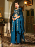 Janasya Teal Blue Georgette Embroidered Top Bottom Cape