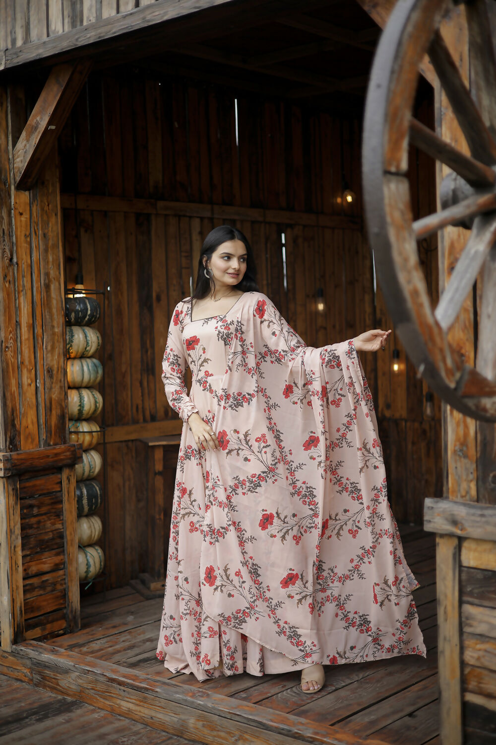 Aayaa Designer Printed Georgette Full Flare Gown With Dupatta - Multi Color - Distacart