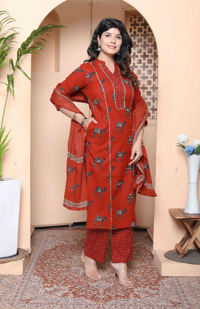Miravan Womens Pure Cotton Animal Printed Straight Kurta With Palazzo & Dupatta Set - Distacart