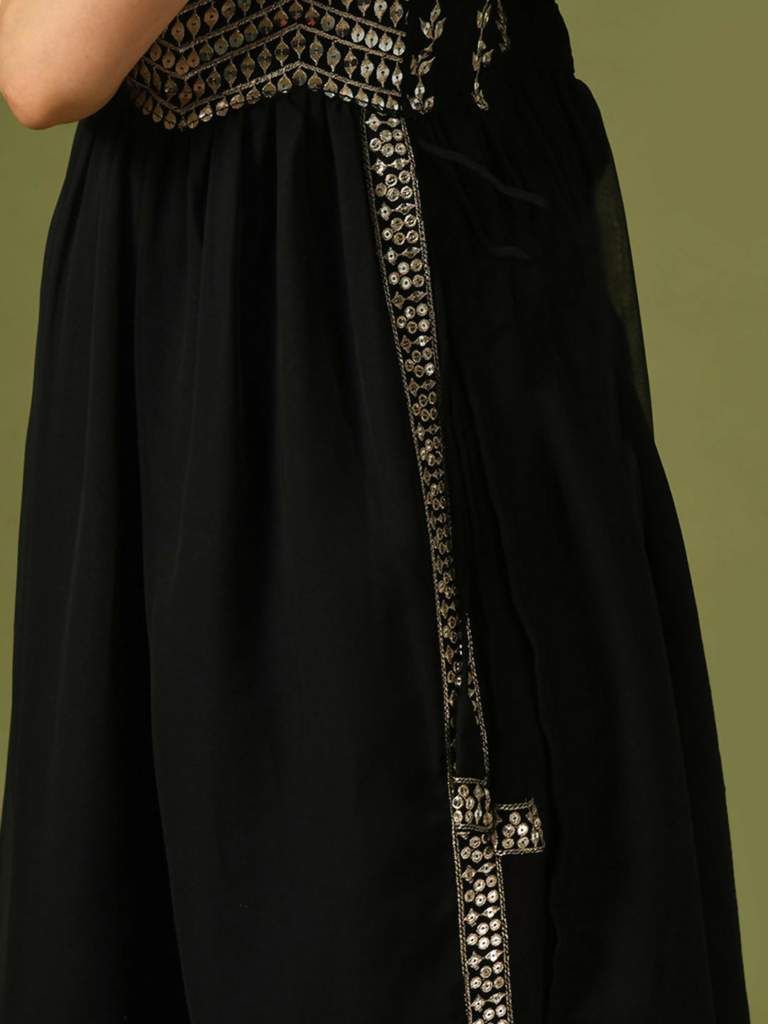 Myshka Women's Black Embroidered Georgette Anarkali Party Kurta Set With Dupatta