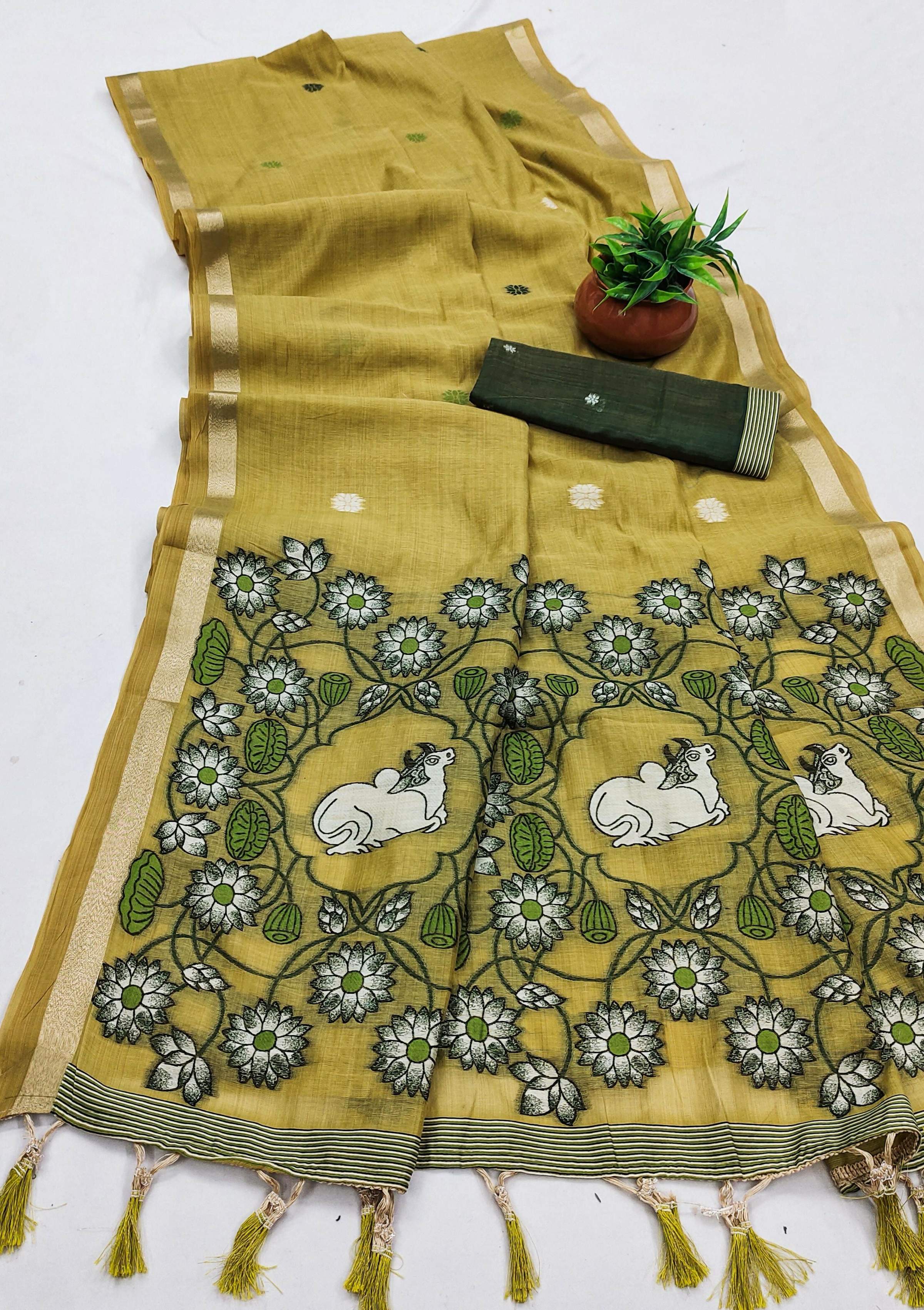 Vastranavya Yellow Muga Cotton Meenakari & Azarakh Pallu Saree with Contrast Blouse - Distacart