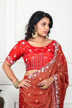 Morchari Rust Red Pure Chiffon Hand Embroidery Saree And Stitched Blouse - Distacart