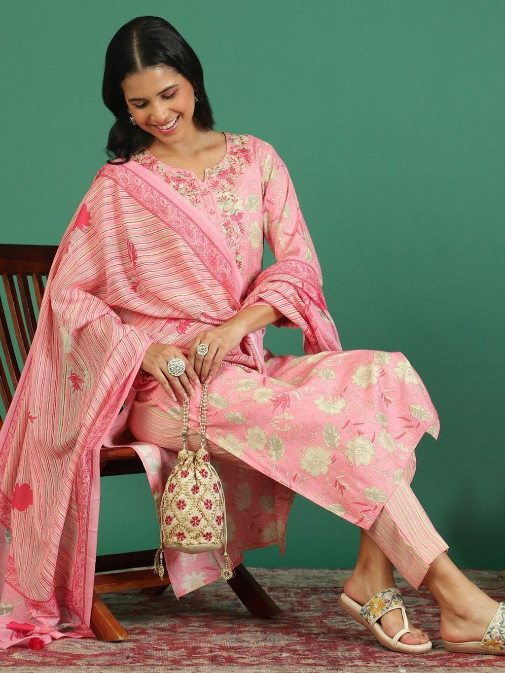 Sangria Floral Printed & Embroidered Kurta & Trouser With Dupatta