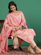 Sangria Floral Printed & Embroidered Kurta & Trouser With Dupatta