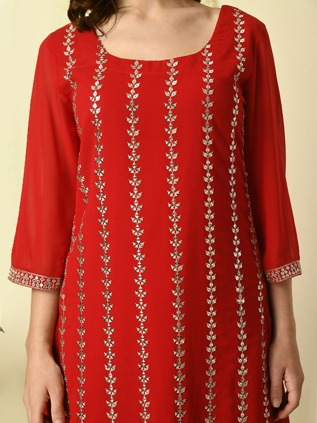 Myshka Women's Red Georgette Kurta & Skirt With Dupatta Party Sets