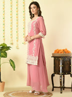 Myshka Women's Pink Georgette Kurta & Skirt With Dupatta Party Sets