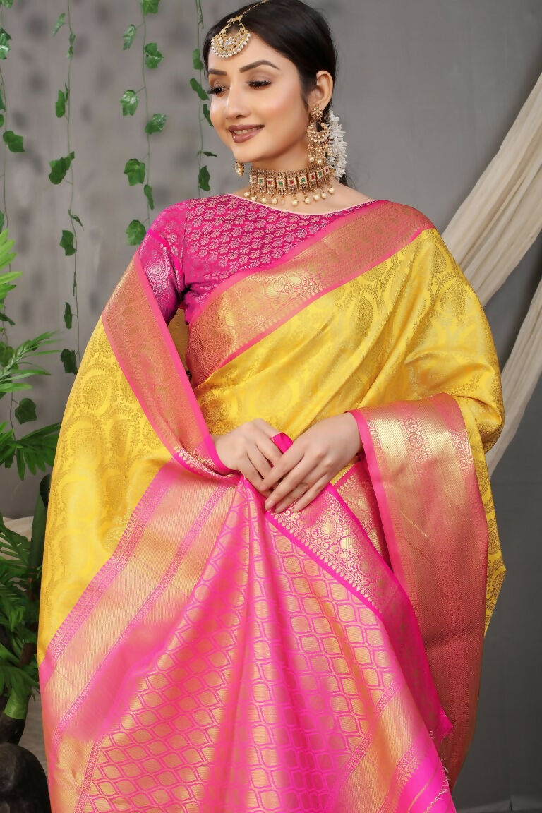 Jyoti Fashion Women's Yellow Kanjivaram Silk Zari Woven Saree with Blouse