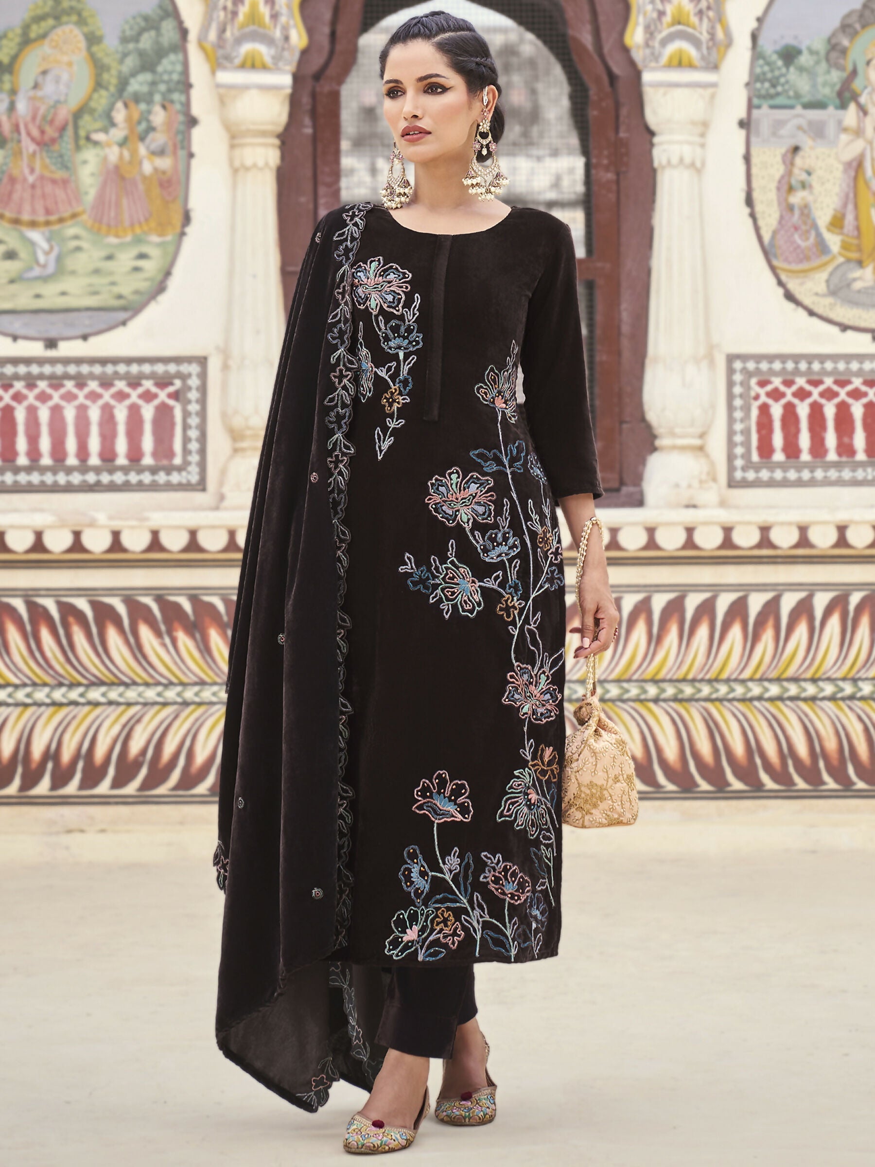 Jyoti Fashion Women's Brown Velvet Resham Thread with Jari & Sequin Kurta with Trouser & Dupatta