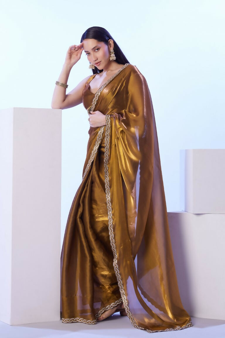 Gold Satin Jimmy Choo Solid Designer & Lace Work Saree - Samaa