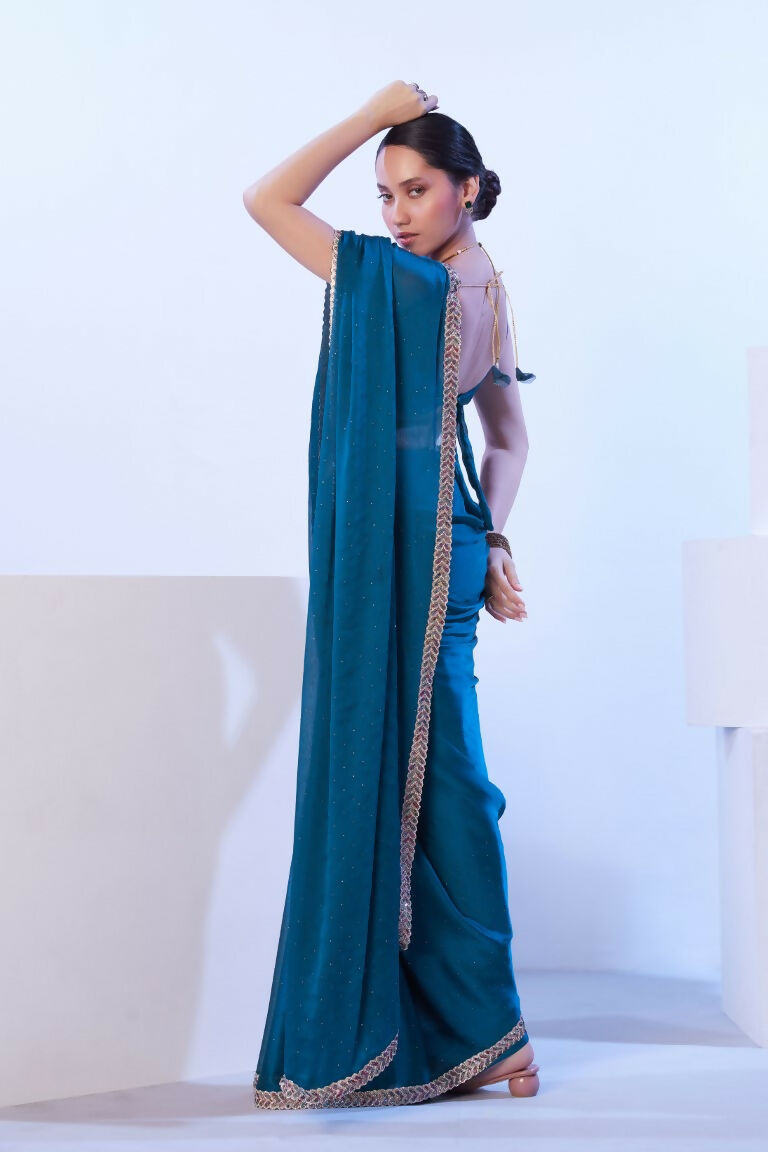Firozi Satin Chiffon Solid Designer & Lace Work Saree - Samaa