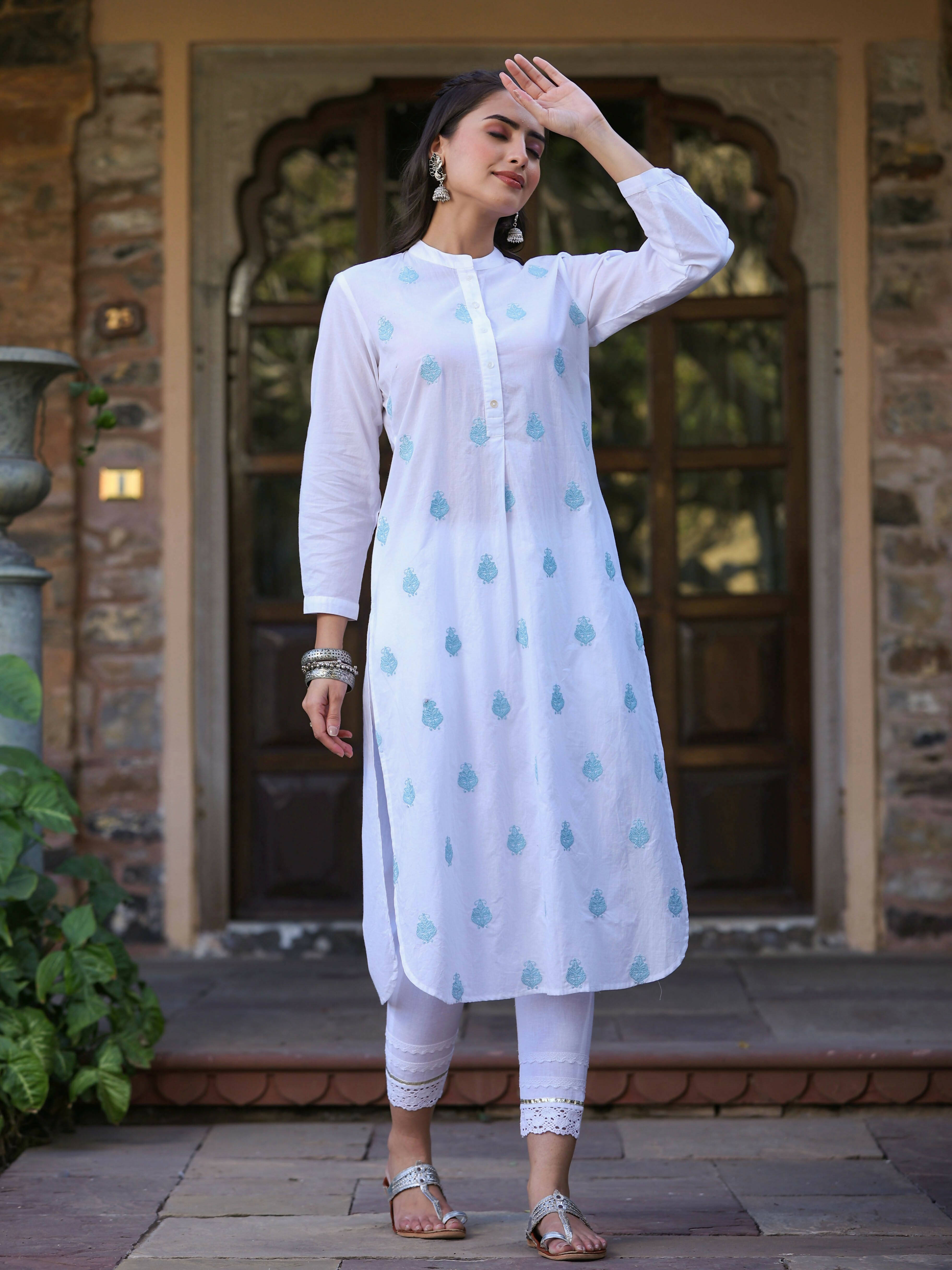 Juniper Women's White Cambric Printed Straight Kurta - Distacart