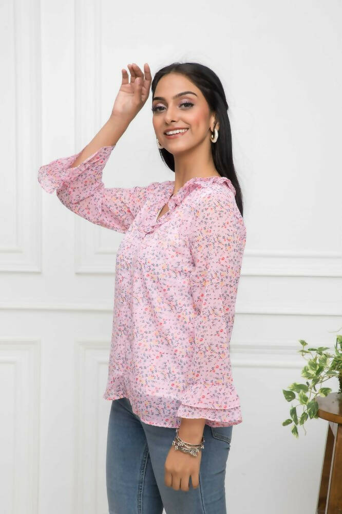 Myshka Women Pink Floral V-Neck Regular Sleeves Synthetic Georgette Top - Distacart