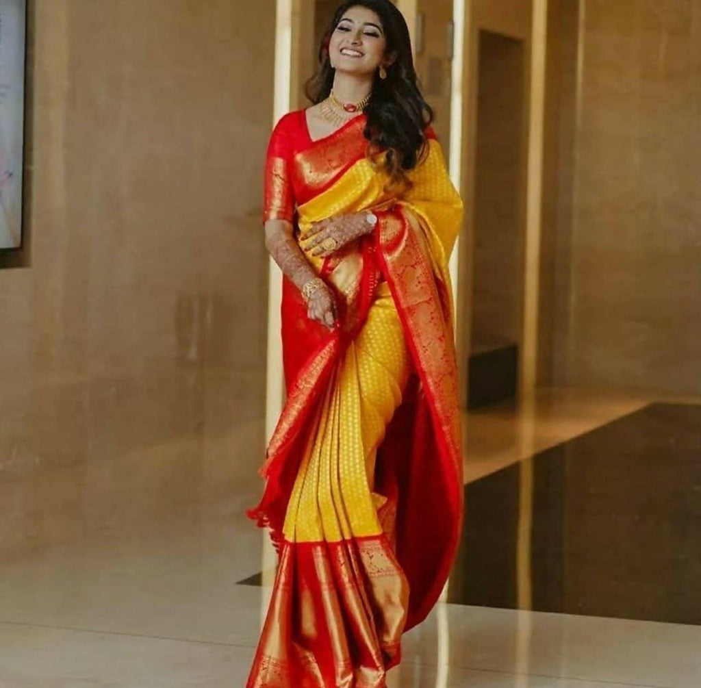 DEIANA'S Beautiful Designer Golden zari Soft Lichi Silk Saree - Yellow