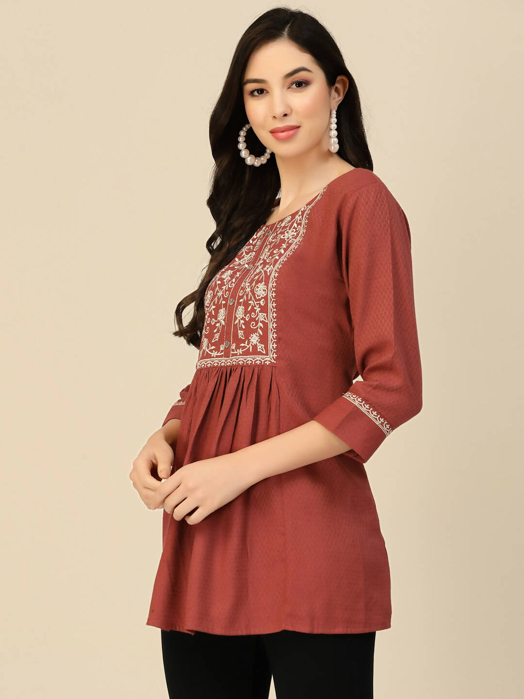 Brown Poly Rayon Floral Embroidered Top - Zeny