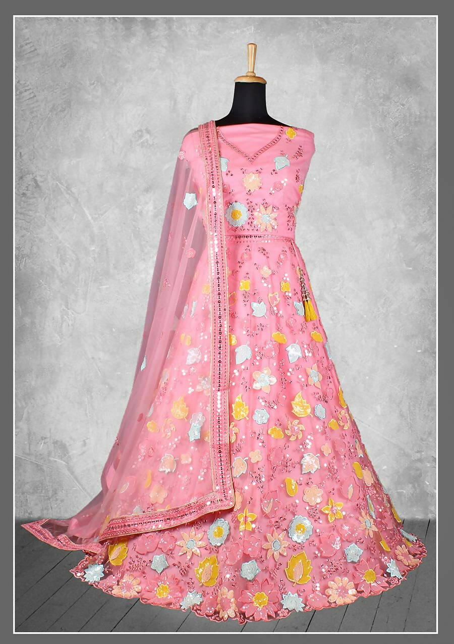 Pink Net, Satin Silk Cord And Sequins Floral Embroidery Semi-Stitched Lehenga Choli - Nimaya Kangan