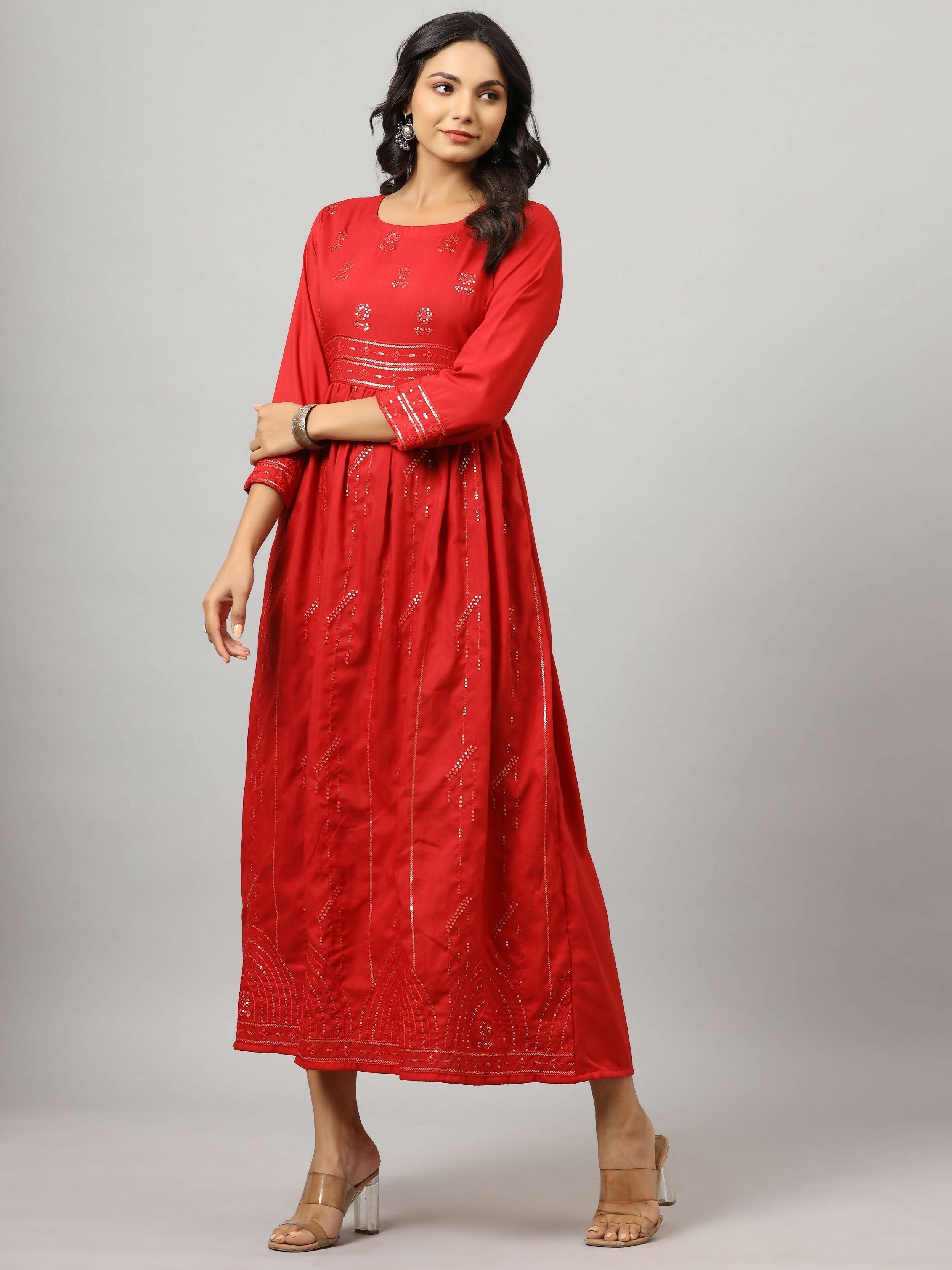 Juniper Women's Red Festive Printed Flared Dress - Distacart
