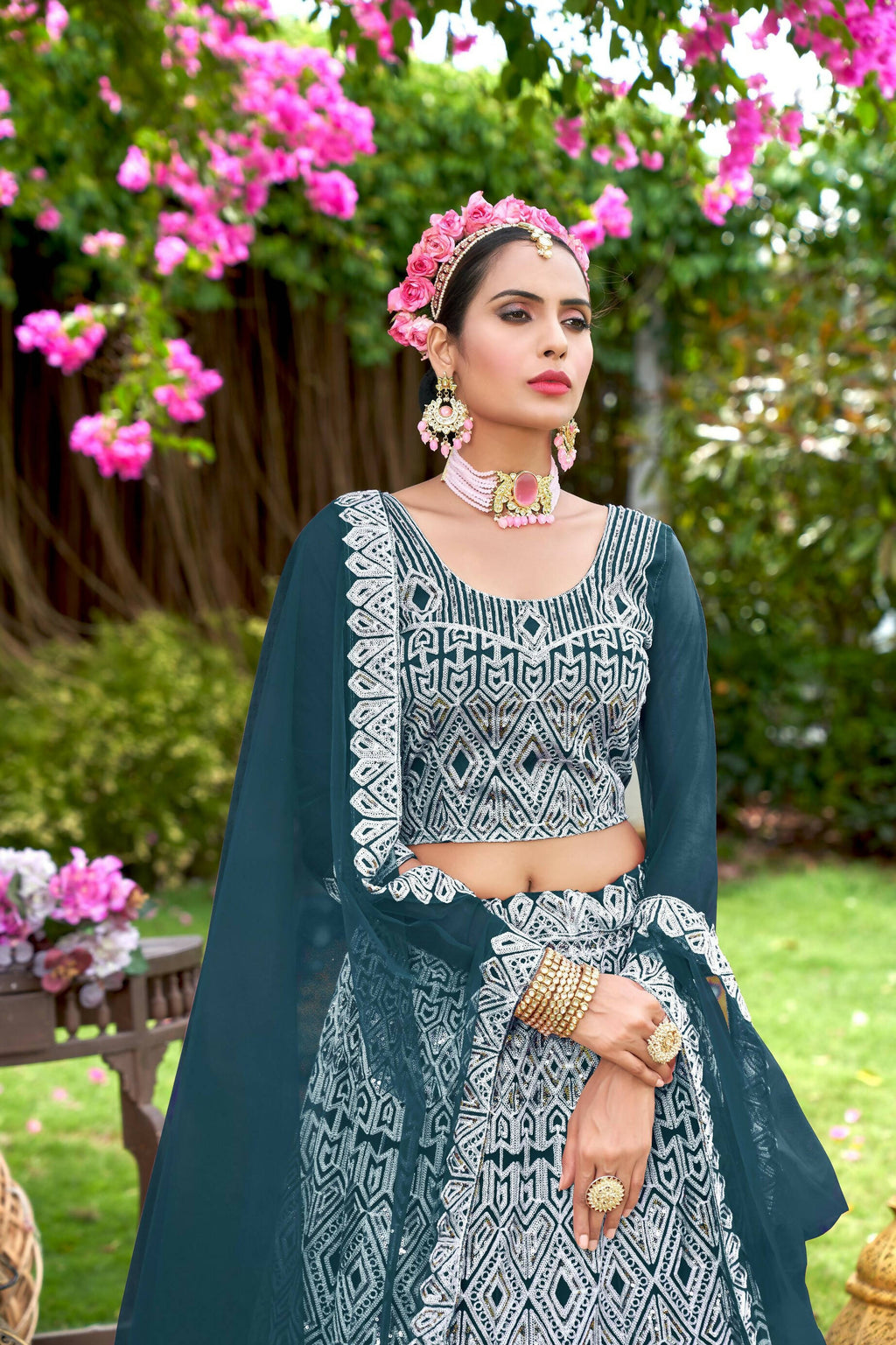 Teal Net Embroidered Semi Stitched Lehenga Choli with Dupatta - Bhagya