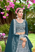 Teal Net Embroidered Semi Stitched Lehenga Choli with Dupatta - Bhagya
