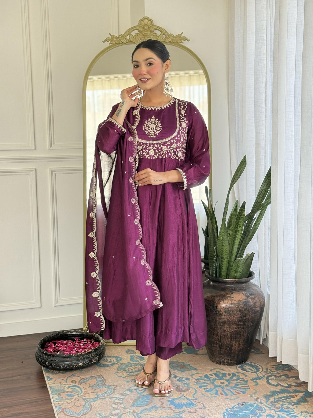 The52 Purple Women's Gorgeous Embroidered Vichitra Silk Fabric Flared Kurta Pant with Dupatta Set - Distacart