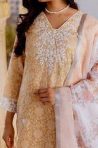 Vaasva Women Peach Linen Printed Kurta, Pant & Dupatta set