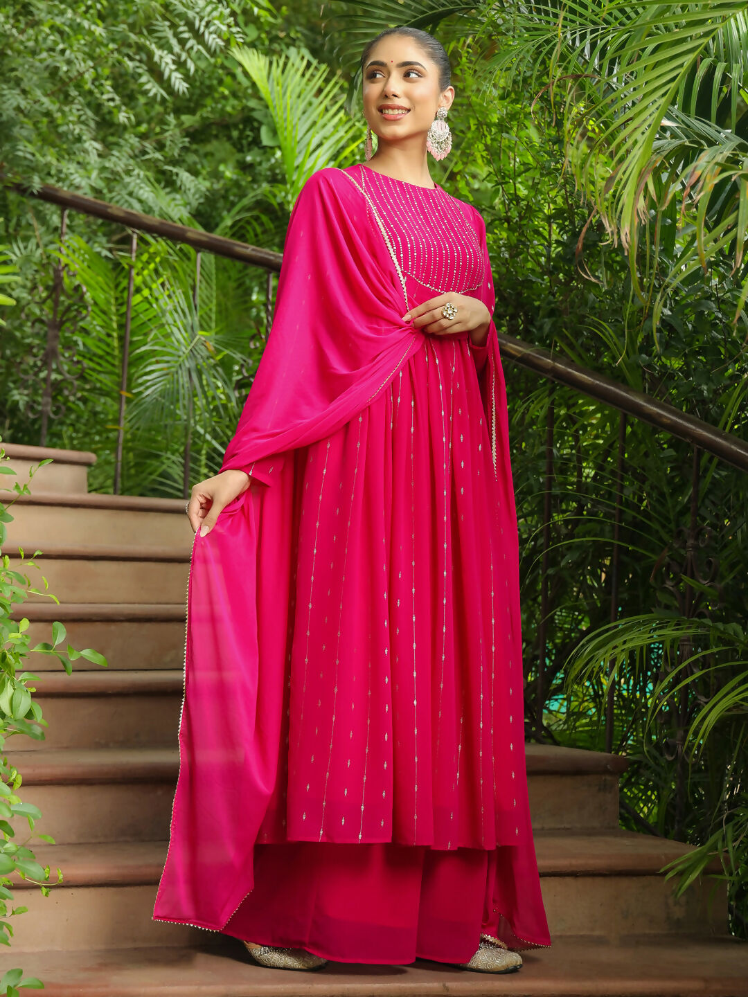 Janasya Pink Georgette Foil Print Kurta,Bottom & Dupatta
