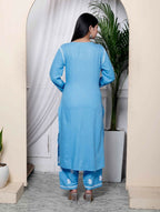 Miravan Womens Blue Embroidered Kurta With Palazzo - Distacart