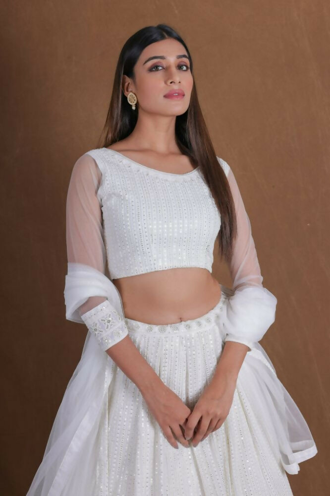 White Thread Sequenve Embroidery Work Lehenga Choli Set - Jihu Culture
