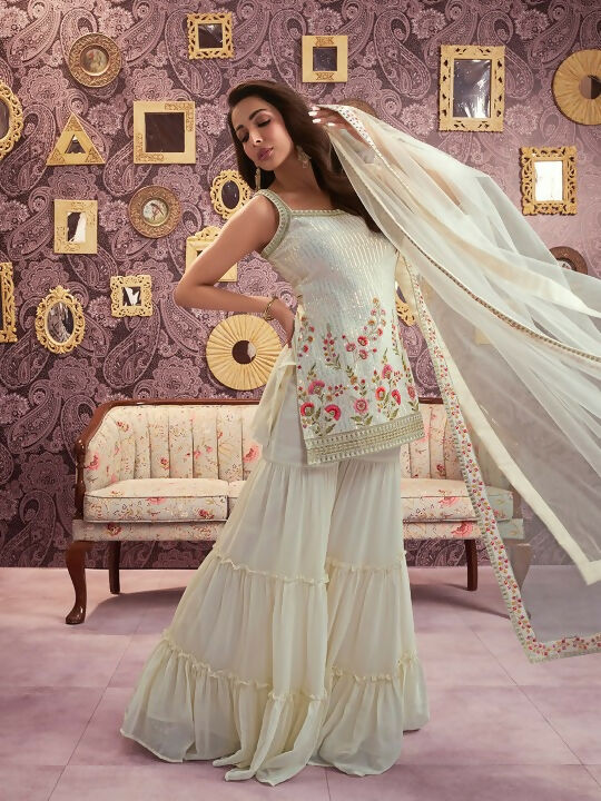 Vastranavya Malaika Arora Cream Georgette Embroidered Sequins Palazzo Suit