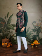 Vastranavya Green Exclusive Festival Viscose Silk Thread & Swarovski Embroidered Work Mens Wear Kurta & Koti