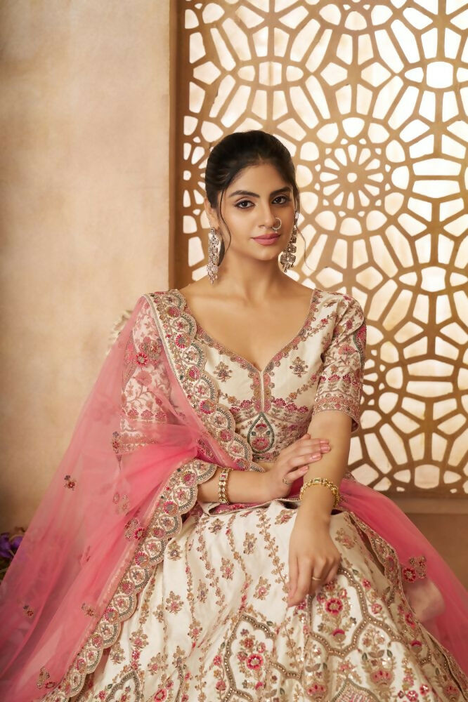 Kesar Fab White Silk Embroidered Lehenga
