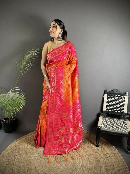 Joban Fashion Orange And Pink Geometric Pattern Soft Silk Patola Saree