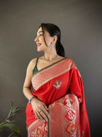 Joban Fashion Red Elephant & Floral Motifs Soft Lichi Silk Banarasi Saree - Distacart