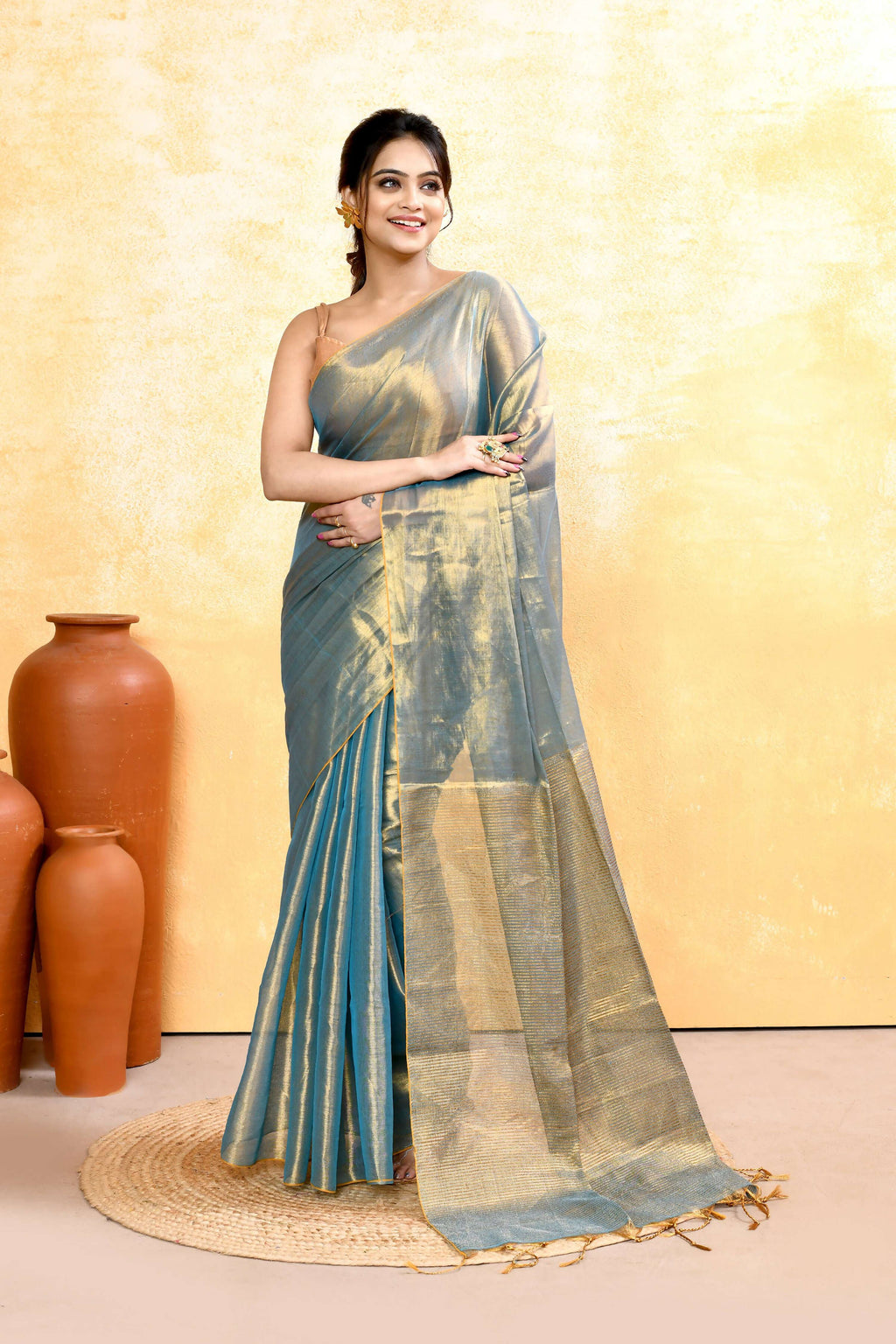 Piyari Fashion Women's Copper Turquoise Dual Tone Organic Tissue Saree With Blouse Piece - Distacart