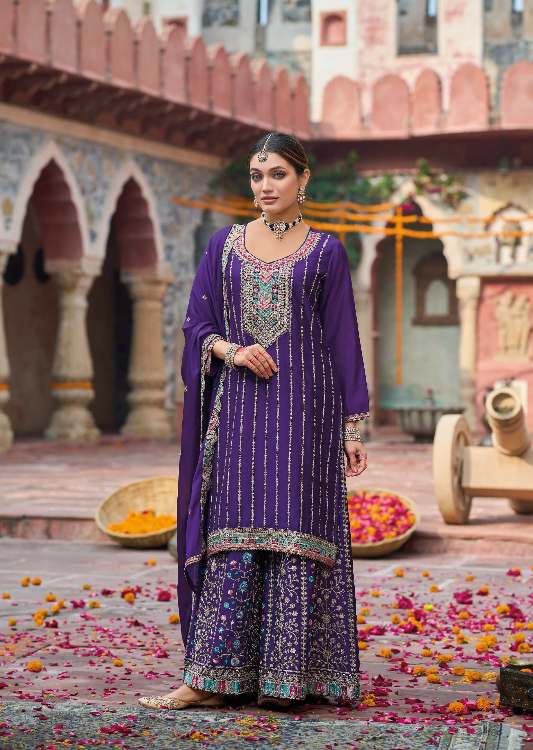 Anaita Purple Premium Embroidery Dhaga Sequin Work Ready Made Suit - Distacart
