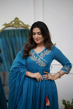 The52 Petrol Women's Beautiful Parampara Fabric Embroidered Work Flared Kurta Pant and Dupatta Set - Distacart