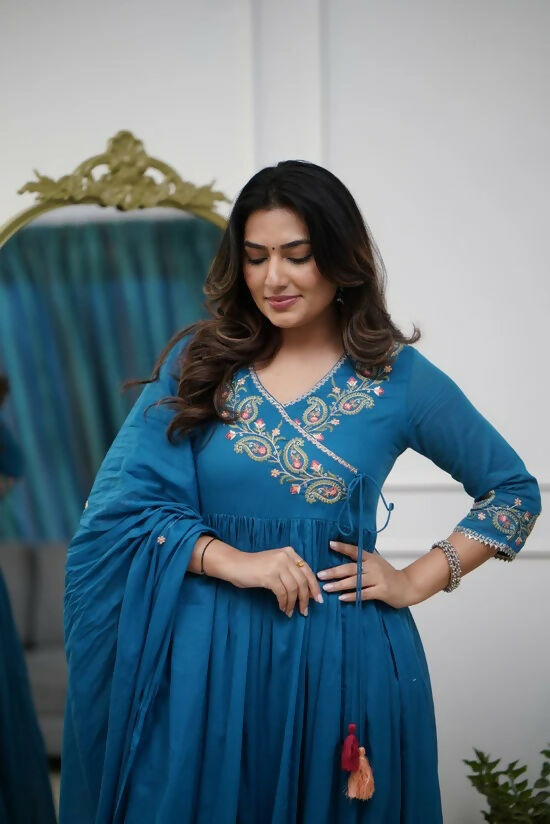 The52 Petrol Women's Beautiful Parampara Fabric Embroidered Work Flared Kurta Pant and Dupatta Set - Distacart