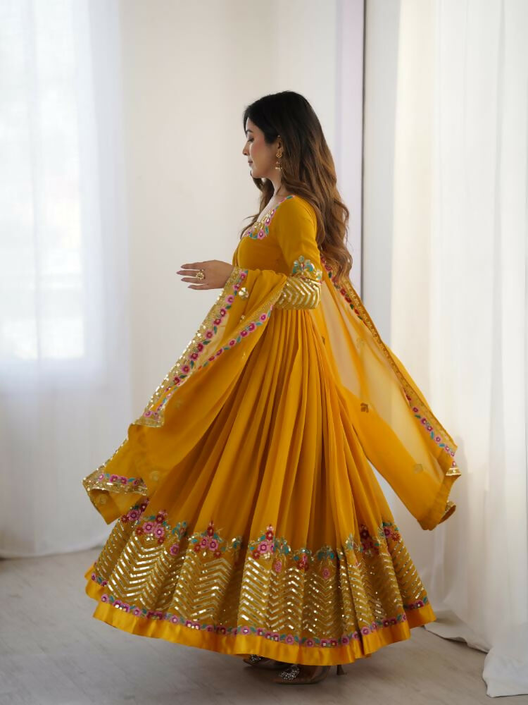 Joban Fashion Mustard Georgette Sequence Embroidery Work Readymade Kurta Set - Distacart