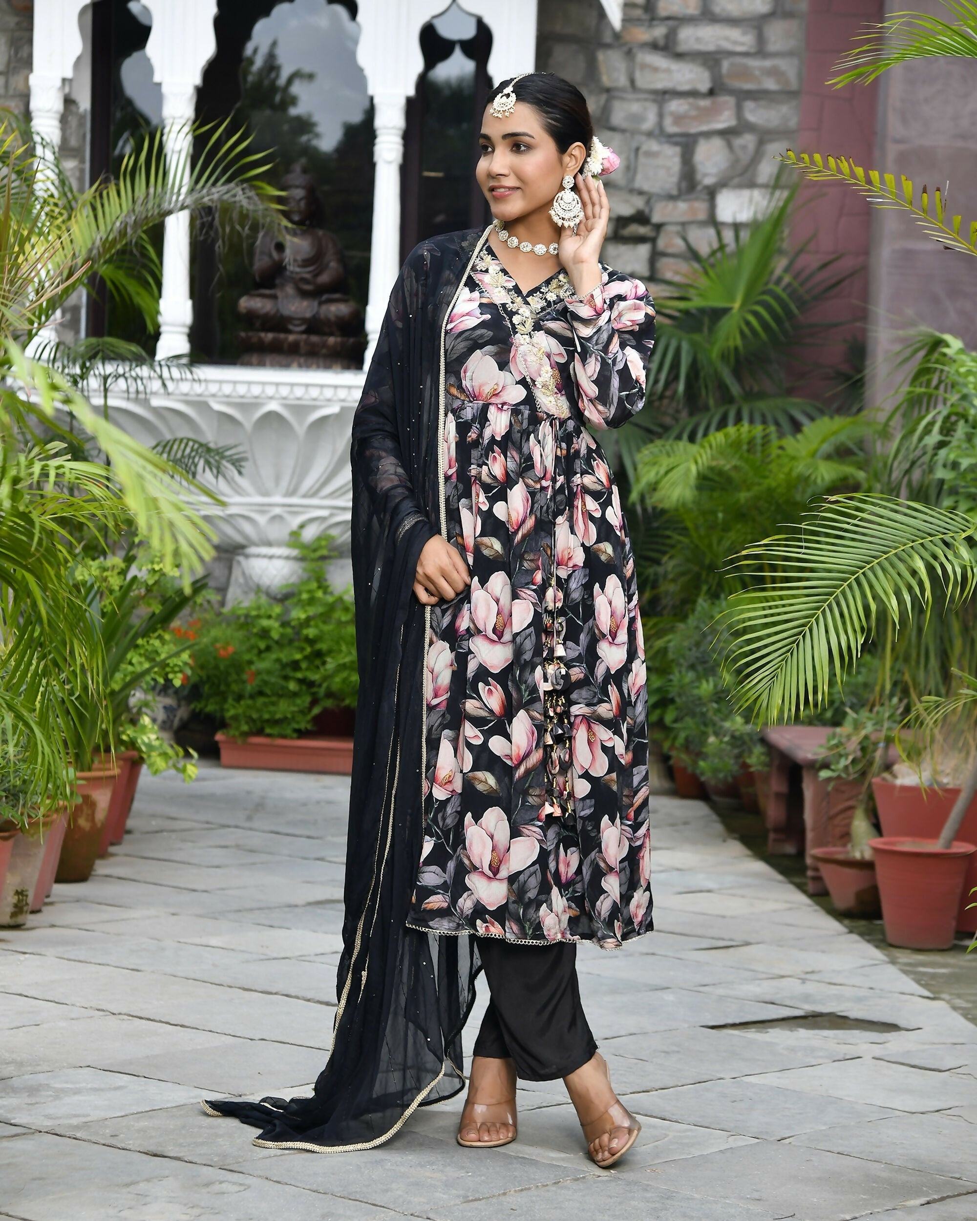 Vaasva Women's Chinon Emboidered Angrakha Anarkali Set With Solid Pant & Solid Embroidered Dupatta