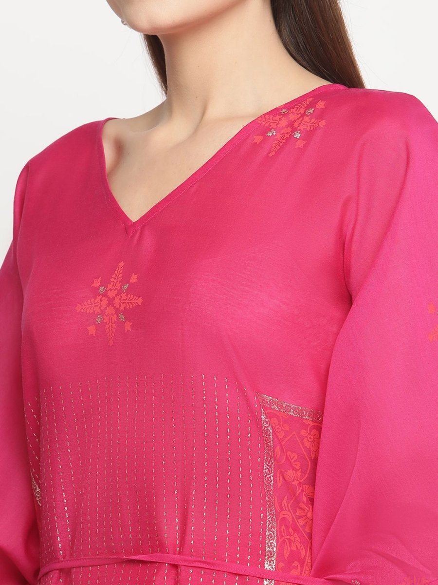 Ahalyaa Pink Chanderi Orange khari Print Kaftan With Trouser