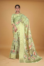Green Cotton Silk Digital Printed Saree With Unstitched Blouse Piece - Alisha
