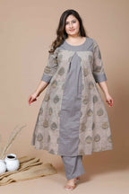 Miravan Women's Plus Size Beige Floral Printed Pure Cotton A-Line Kurta With Palazzo