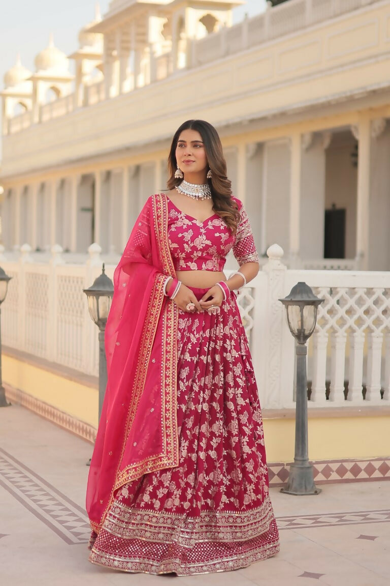 Vastranavya Designer Dyeable Pure Viscose Jacquard Fabric Lehenga Choli & Dupatta Set - Pink